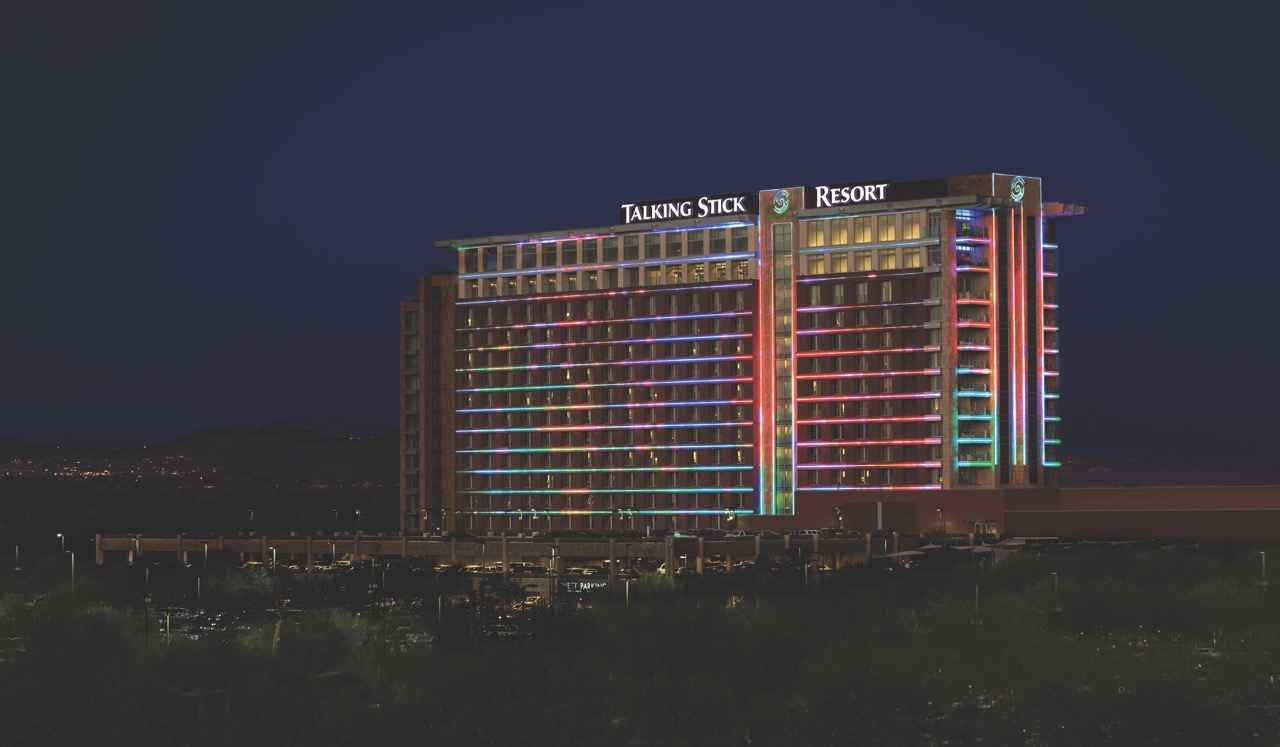 Talking Stick Resort lit up at night